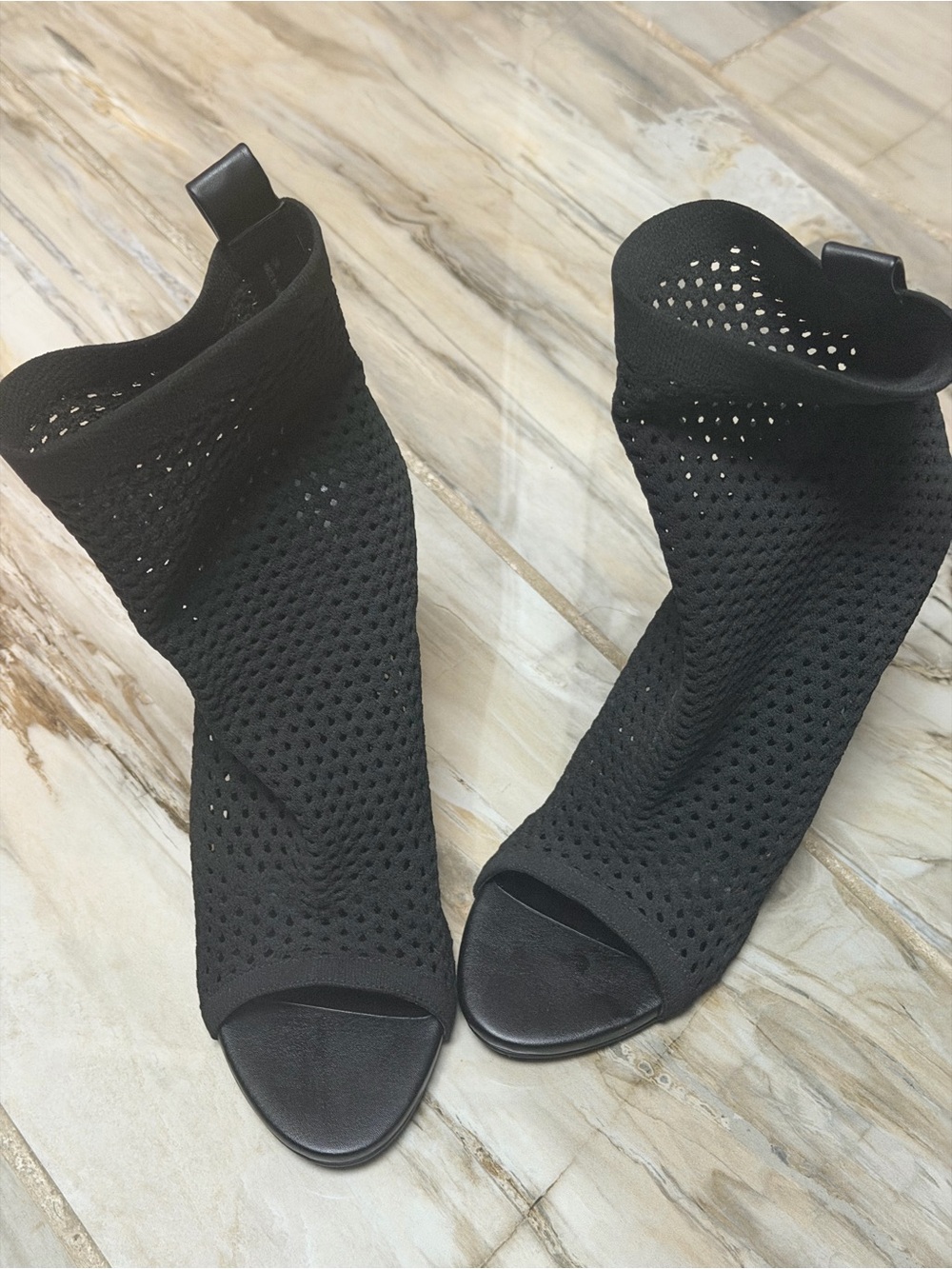 Steve Madden Black Perforated Knit Sock Booties, Peep Toe Stiletto Heel, Size 10